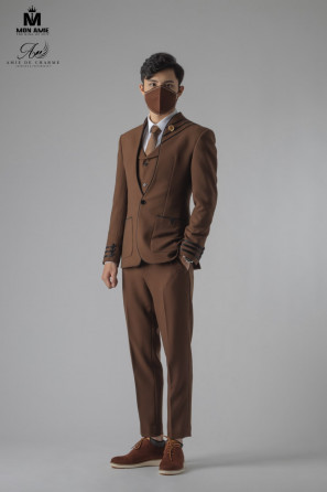 3 Piece Kevinlli Suit Youthful Light Brown - Sleeve Style